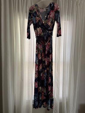 Floral Navy Wrap Maxi Dress with Pink and Blue Blooms